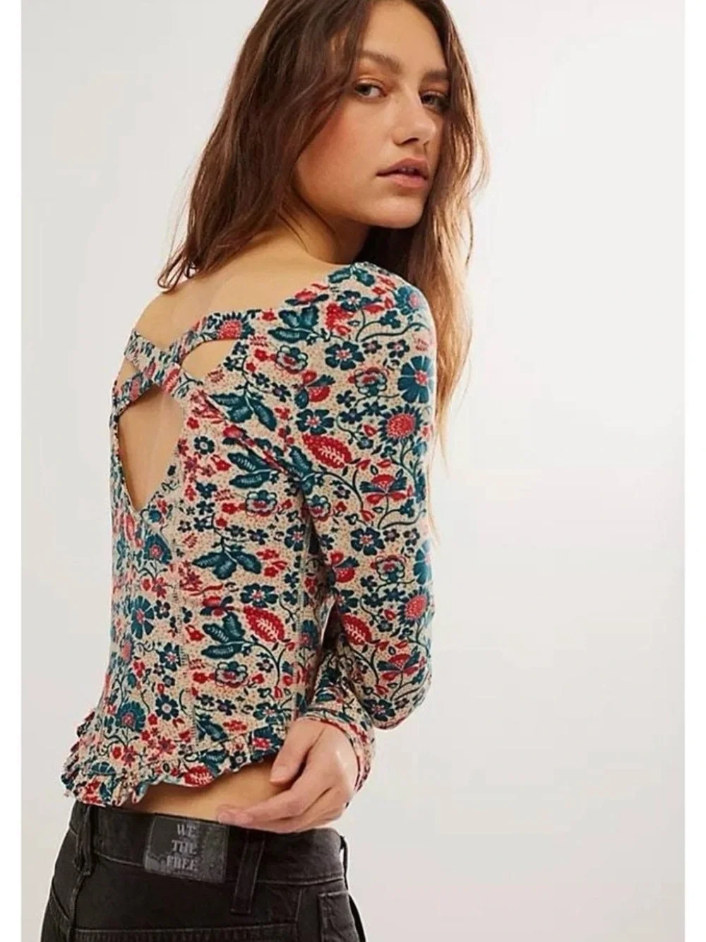 Free People Floral Scoop-Neck Crop Top - Cream with Pink & Blue